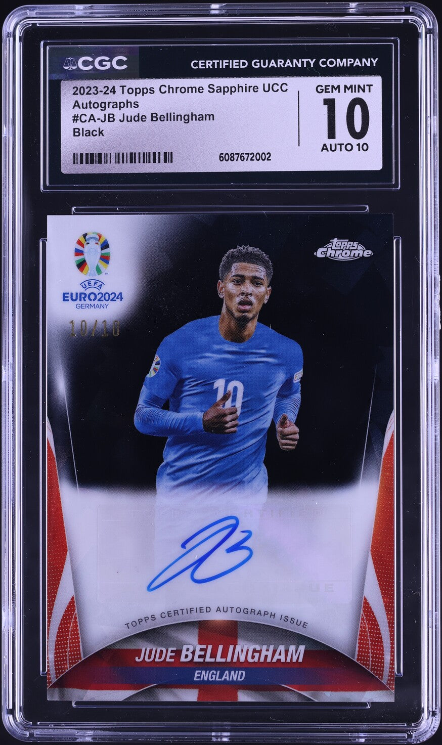 2023 Topps Chrome Sapphire UCC Black Jude Bellingham AUTO JERSEY # 10/10 #CA-JB CGC 10 GEM MINT