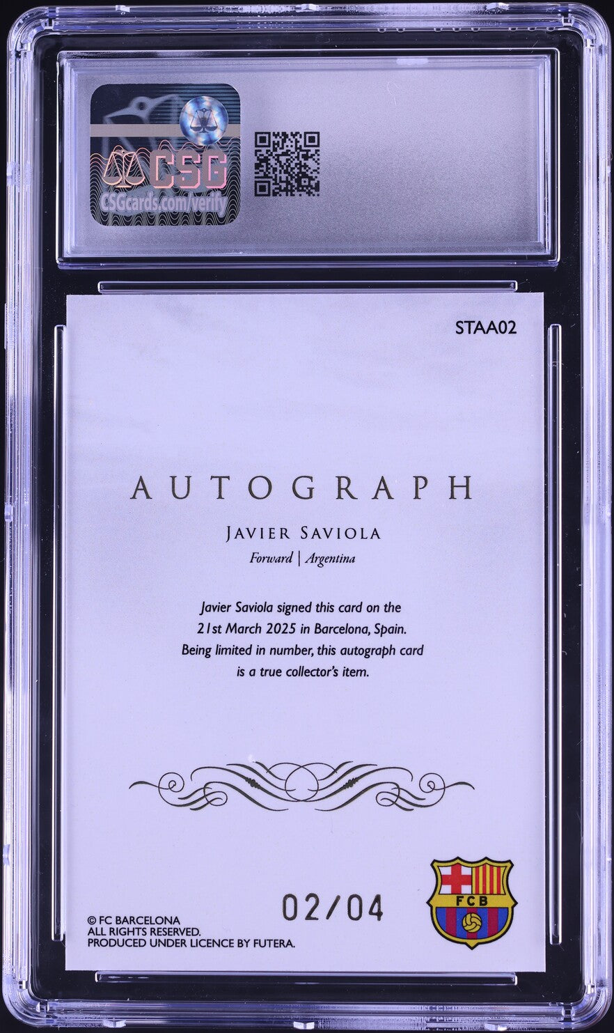 2024 Futera FX FC Barcelona Moments Javier Saviola AUTO /4 #STAA02 CGC 8.5 NM-MT+