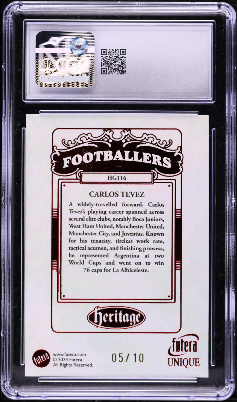 2024 Futera Unique World Football Heritage Ruby Carlos Tevez /10 #HG116 CGC 10