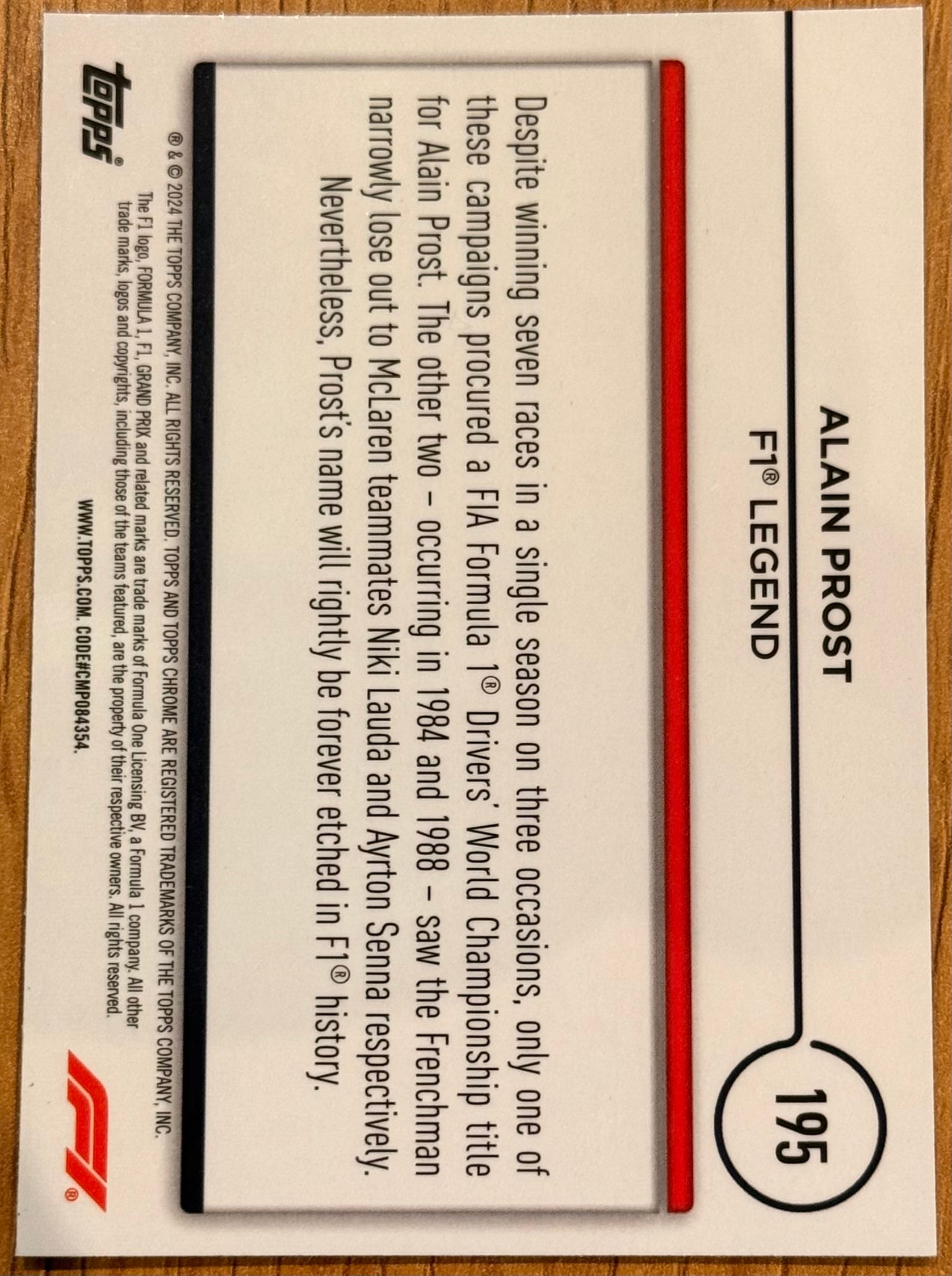 2024 Topps Chrome Formula 1 F1 #195 ALAIN PROST Legends
