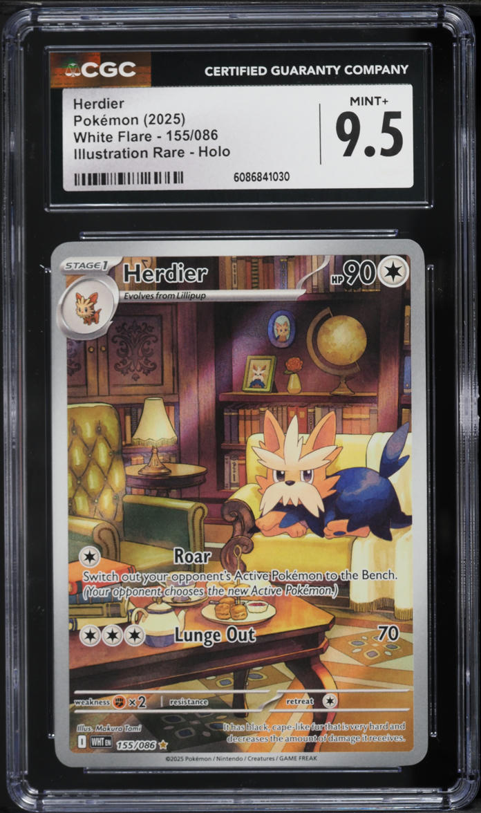2025 Pokemon Scarlet & Violet White Flare Illustration Rare Herdier #155 CGC 9.5 MINT+