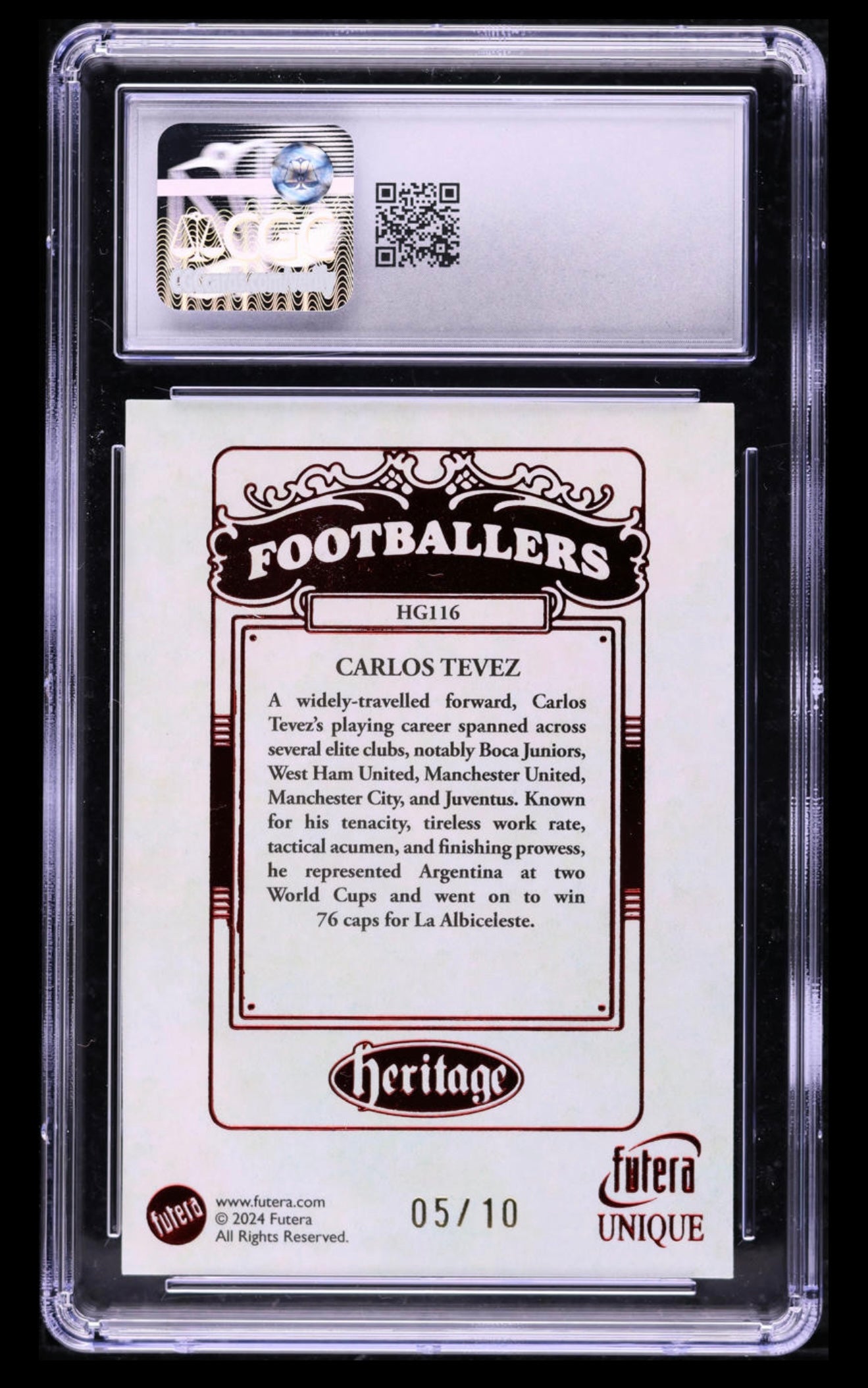 2024 Futera Unique World Football Heritage Ruby Carlos Tevez /10 #HG116 CGC 10