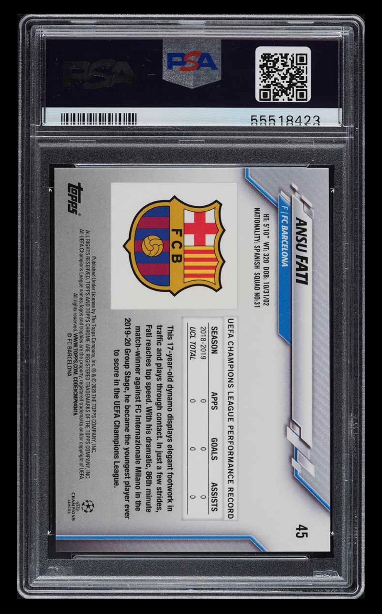 ⚽ Ansu Fati – 2019 Topps Chrome UCL Sapphire Edition #45 (PSA 10)