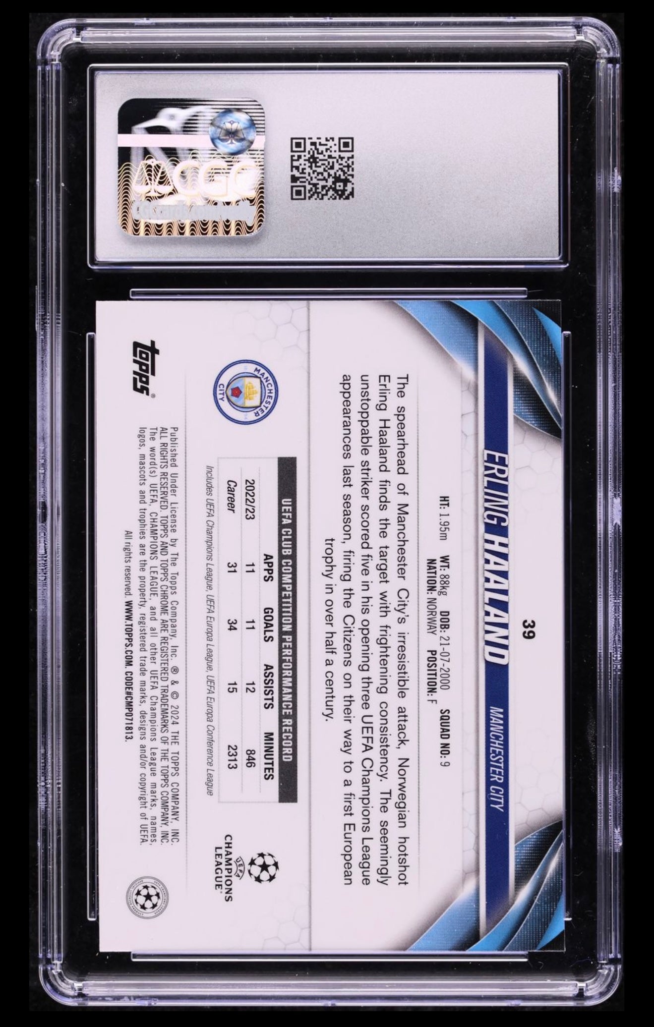 2023 Topps Chrome UEFA CC Erling Haaland #39 CGC 10 GEM MINT