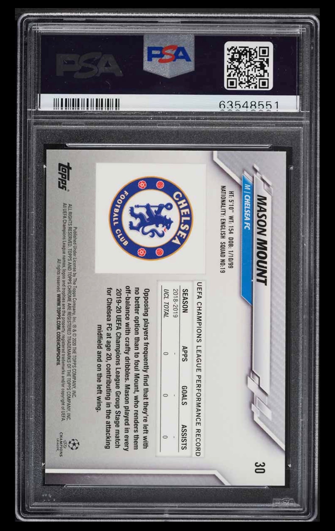 2019 Topps Chrome UEFA Sapphire Mason Mount ROOKIE #30 PSA 10 GEM MINT