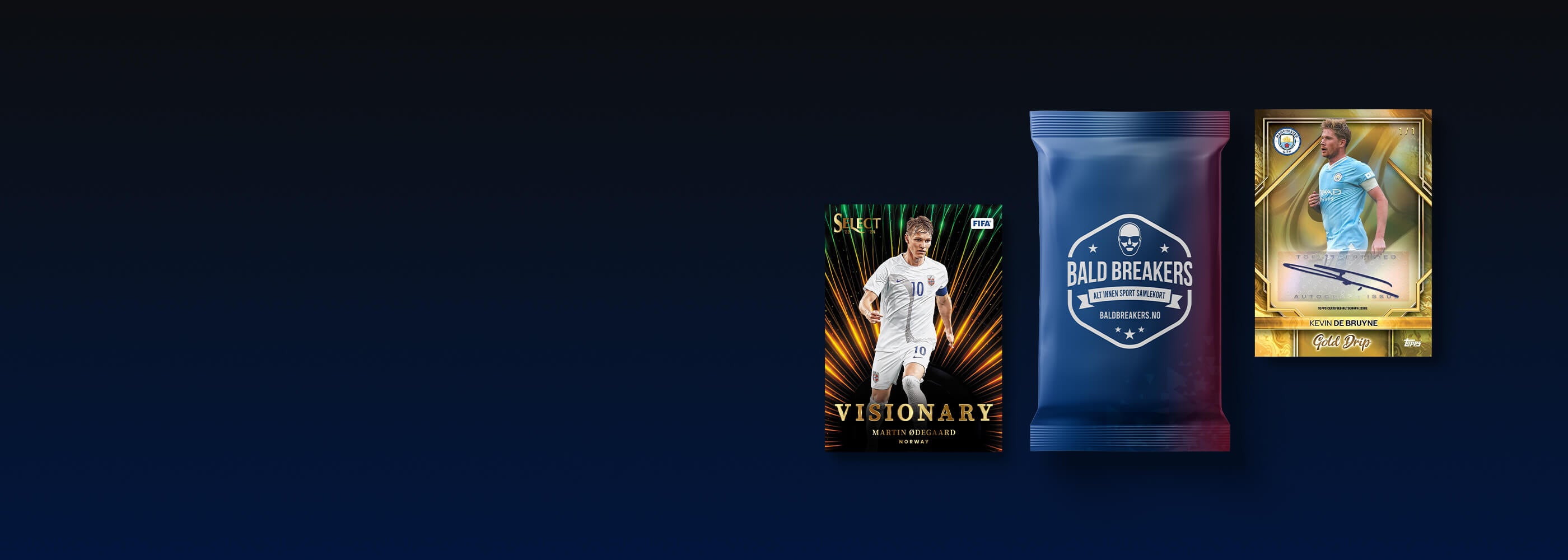 blå-sort bakgrunn med kort av Martin Ødegaard, bb-pakke og Kevin De Bruyne kort